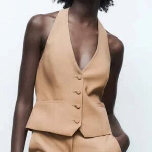 Zara Neutral Camel Halter Button Up Waistcoat Blazer Vest Top XS